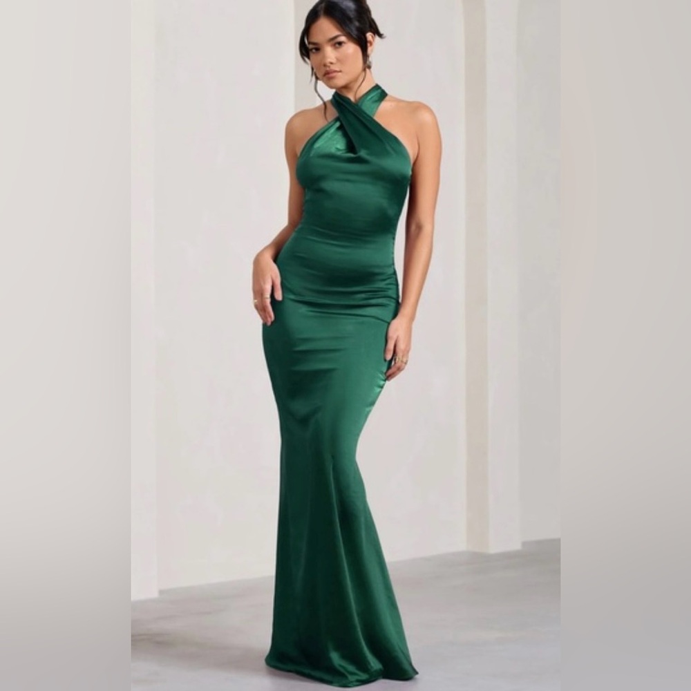Club L London Unstoppable Cross Neck Dress in Emerald Bottle Green